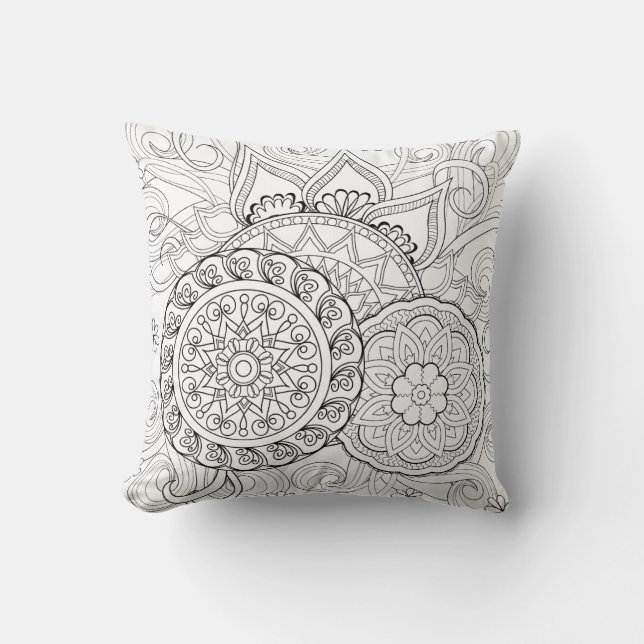 Doodle Bloemen En Mandala's Kussen (Voorkant)
