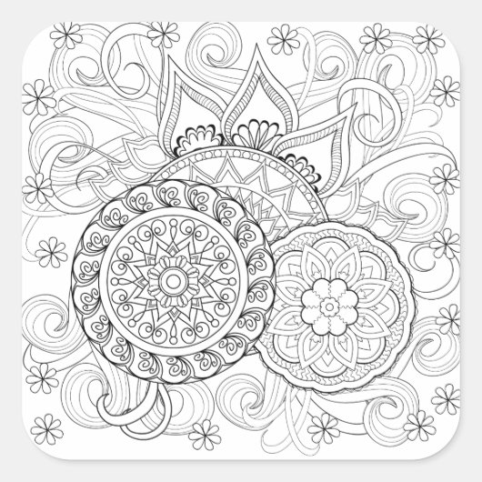 Doodle bloemen en mandala's vierkante sticker (Voorkant)