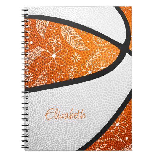 doodle bloemen oranje wit boho basketbal notitieboek (Voorkant)
