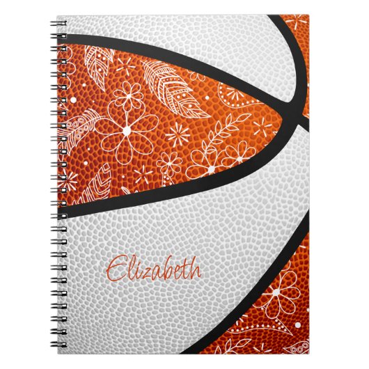 doodle bloemen oranje - witte boho basketbal notitieboek (Voorkant)
