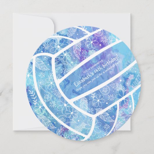Doodle bloemen veegt blauw volleybalfeest kaart (Voorkant)
