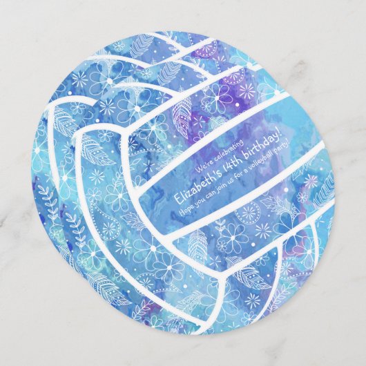 Doodle bloemen veren patroon blauwe volleybal kaart (Voorkant / Achterkant)