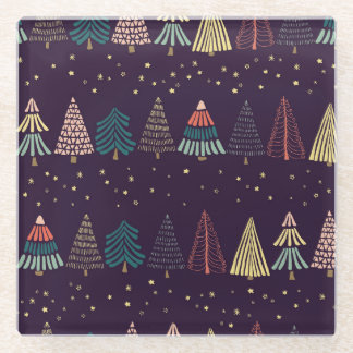 Doodle bomen, sterren, donkerblauw. glazen onderzetter