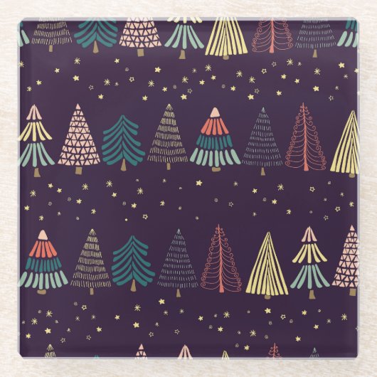 Doodle bomen, sterren, donkerblauw. glazen onderzetter (Voorkant)