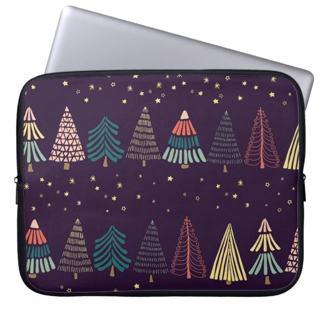 Doodle bomen, sterren, donkerblauw. laptop sleeve (Voorkant)