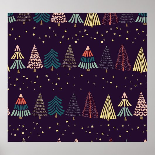 Doodle bomen, sterren, donkerblauw. poster (Voorkant)