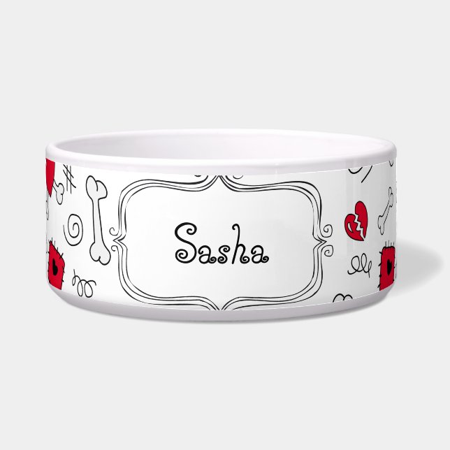 Doodle Botten and Hearts personalized pet bowl Voerbakje (Voorkant)