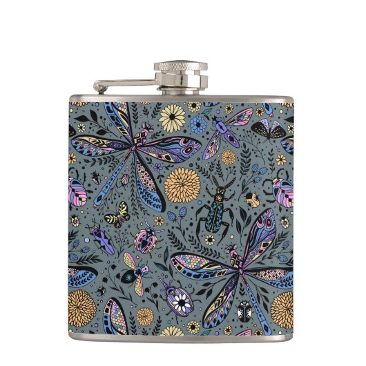 Doodle-bugs op grijs rooster heupfles (Voorkant)