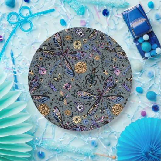 Doodle-bugs op grijs rooster papieren bordje (Feest)