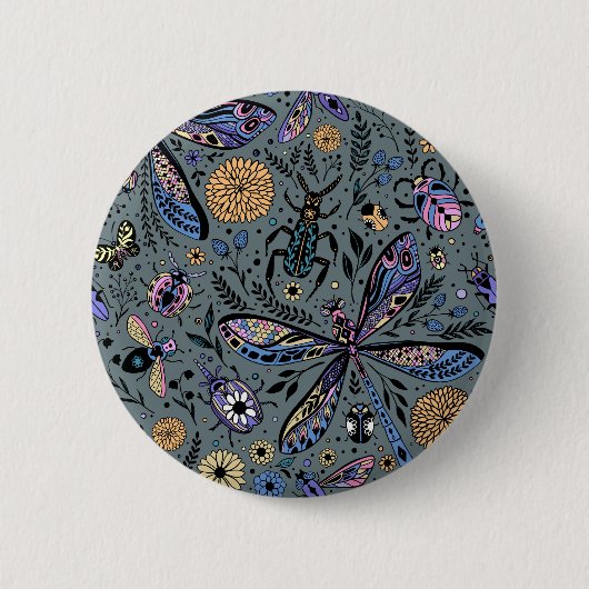 Doodle-bugs op grijs rooster ronde button 5,7 cm (Voorkant)