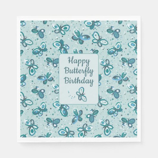 Doodle Bugs Vlinders - turquoise - verjaardag. Servet (Voorkant)