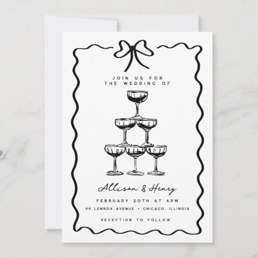 Doodle Champagne Tower Whimsical Bow Wedding Kaart (Voorkant)