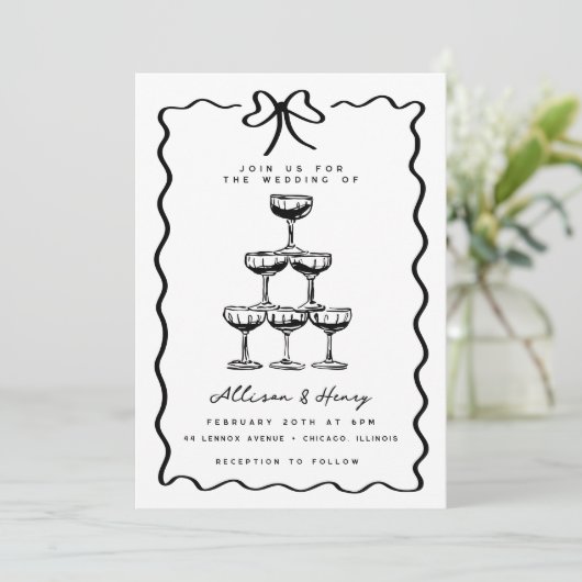 Doodle Champagne Tower Whimsical Bow Wedding Kaart (Staand voorkant)