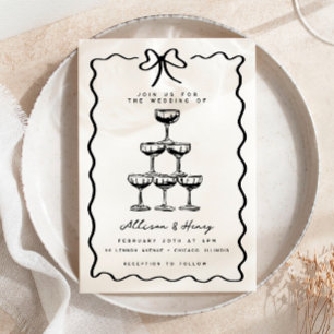 Doodle Champagne Tower Whimsical Bow Wedding Kaart