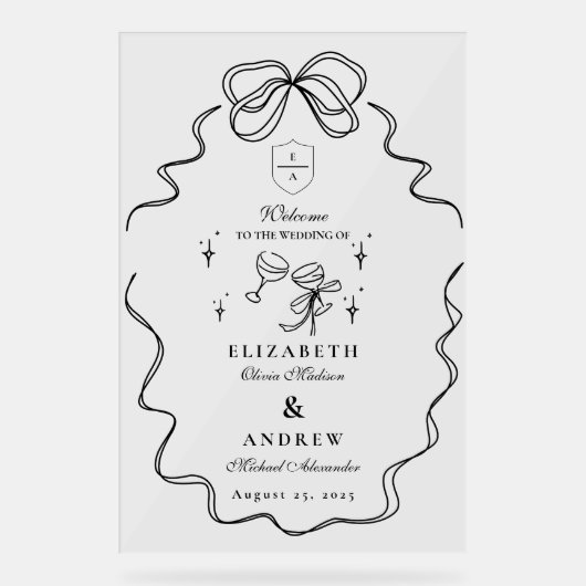 Doodle Champagne Whimsical Bow Wedding Acryl Bord (Voorkant)