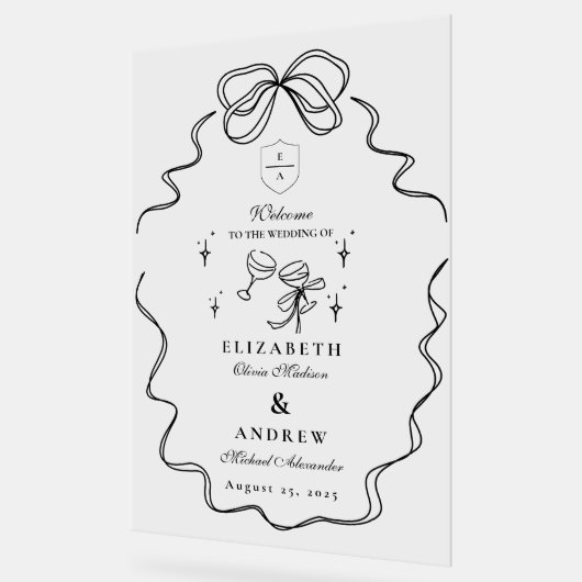 Doodle Champagne Whimsical Bow Wedding Acryl Bord (Hoek)