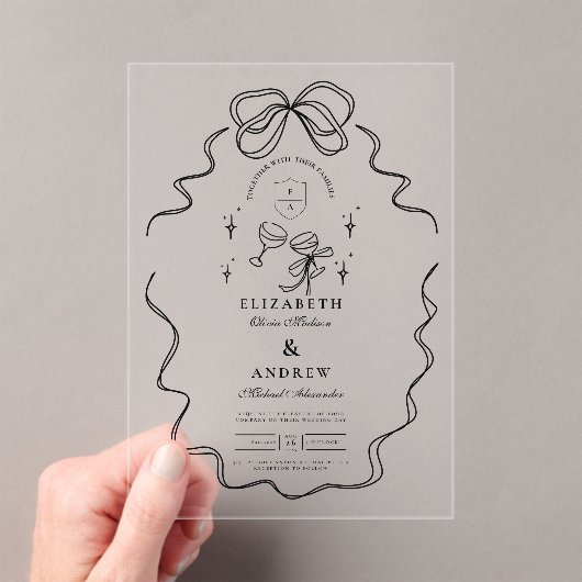 Doodle Champagne Whimsical Bow Wedding Acryl Uitnodigingen (Insitu (Draagbaar))