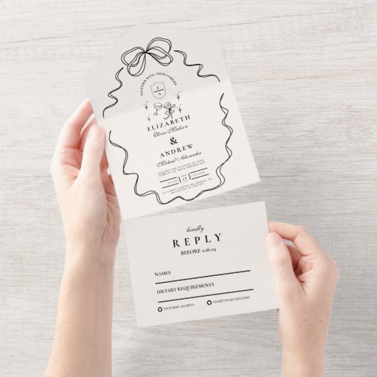 Doodle Champagne Whimsical Bow Wedding All In One Uitnodiging (Afscheurbaar)