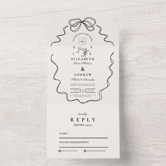 Doodle Champagne Whimsical Bow Wedding All In One Uitnodiging (Binnen)