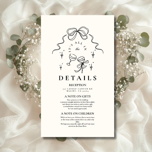 Doodle Champagne Whimsical Bow Wedding Informatiekaartje