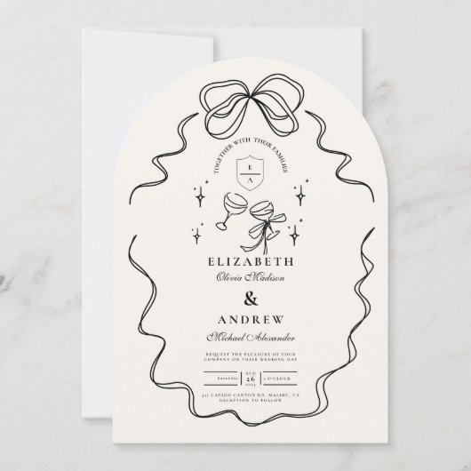 Doodle Champagne Whimsical Bow Wedding Kaart (Voorkant)