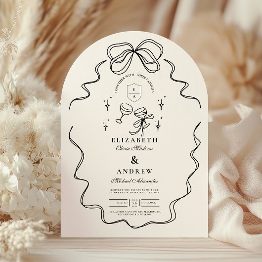 Doodle Champagne Whimsical Bow Wedding Kaart