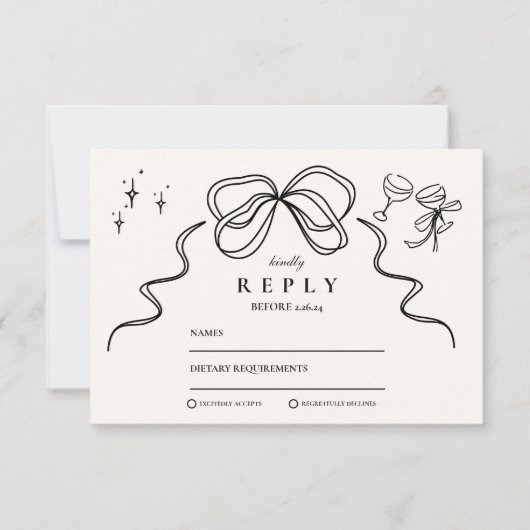 Doodle Champagne Whimsical Bow Wedding RSVP Kaartje (Voorkant)