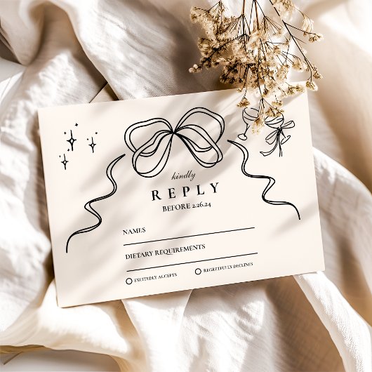 Doodle Champagne Whimsical Bow Wedding RSVP Kaartje
