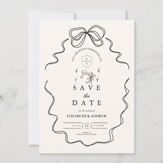 Doodle Champagne Whimsical Bow Wedding Save The Date (Voorkant)