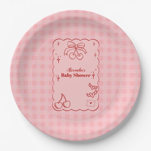 Doodle Cherry Bow Baby shower Papieren Bordje (Voorkant)