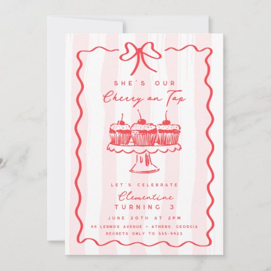 Doodle Cherry Cupcake Pink Bow Verjaardagsfeestje Kaart (Voorkant)