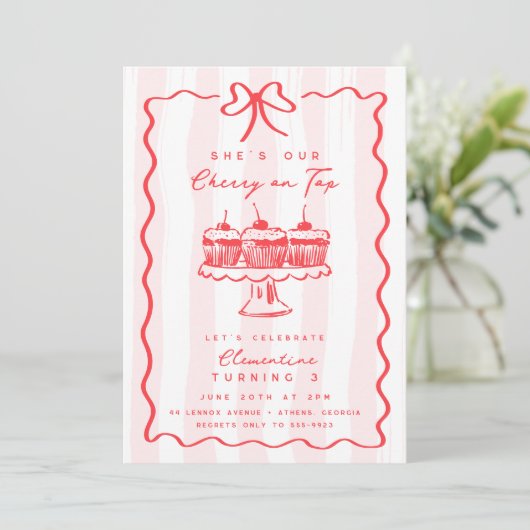 Doodle Cherry Cupcake Pink Bow Verjaardagsfeestje Kaart (Staand voorkant)