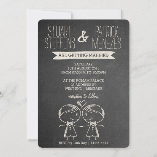 Doodle Couple op Blackboard Gay Wedding Invitation Kaart (Voorkant)