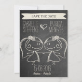Doodle Couple op Blackboard Lesbian Save the Date (Voorkant)