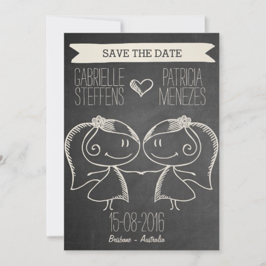 Doodle Couple op Blackboard Lesbian Save the Date (Voorkant)