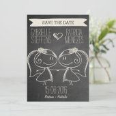 Doodle Couple op Blackboard Lesbian Save the Date (Staand voorkant)