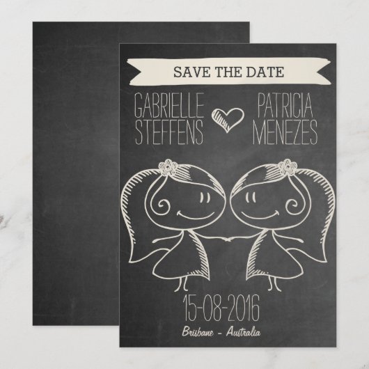 Doodle Couple op Blackboard Lesbian Save the Date (Voorkant / Achterkant)