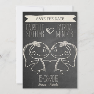 Doodle Couple op Blackboard Lesbian Save the Date