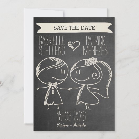 Doodle Couple op Blackboard Save the Date (Voorkant)