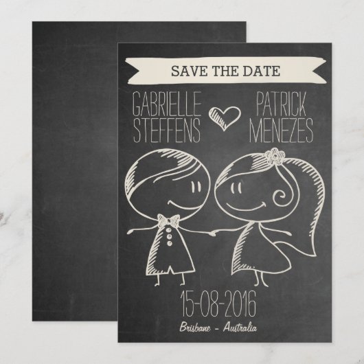 Doodle Couple op Blackboard Save the Date (Voorkant / Achterkant)