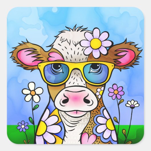 Doodle Cow Portrait Vierkante Sticker (Voorkant)