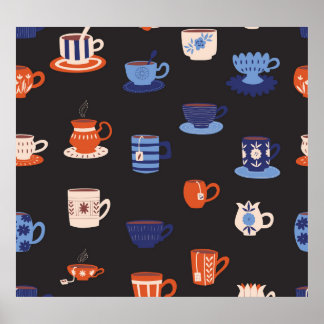 Doodle Cups Naadloze Achtergrond Poster