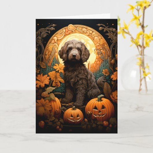 Doodle Dog Halloween Kaart (Gele Bloem)