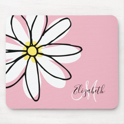 Doodle Drawn Daisy White Pink Monogram Cute Muismat (Voorkant)