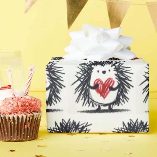 Doodle egel met rood hart cadeaupapier (Verjaardagsfeest)