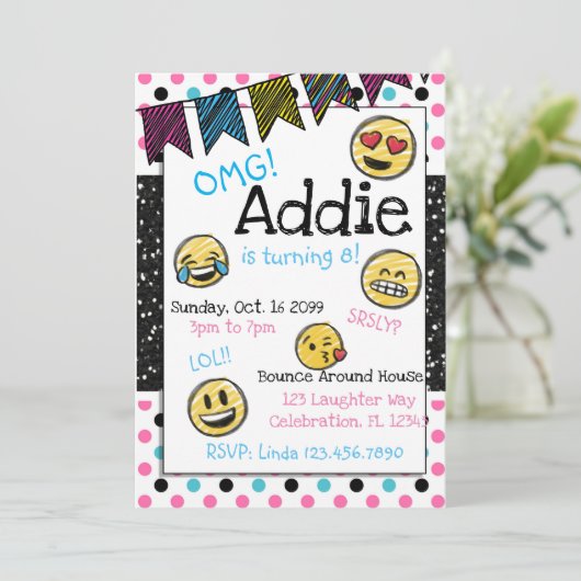 Doodle Emoji Roze & Blauwe Tween Verjaardag Kaart (Staand voorkant)