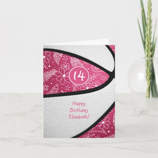doodle floral roze witte girale basketbal verjaard kaart (Voorkant)