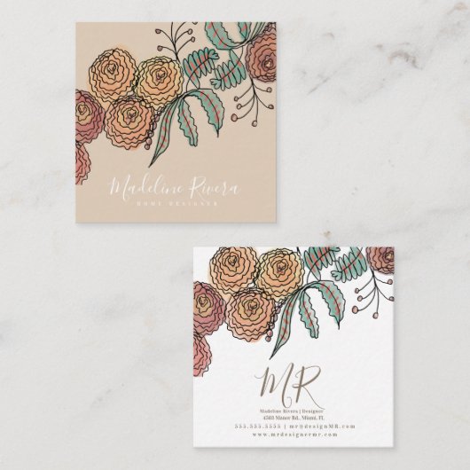 Doodle Florals Wreath Sprigs Greenery Designer Vierkante Visitekaartje (Voorkant / Achterkant)