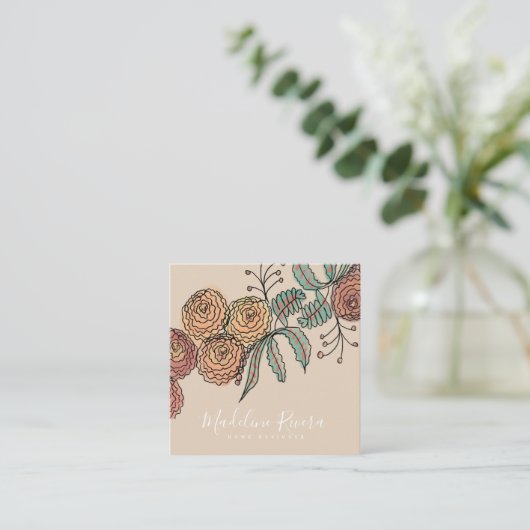 Doodle Florals Wreath Sprigs Greenery Designer Vierkante Visitekaartje (Staand voorkant)