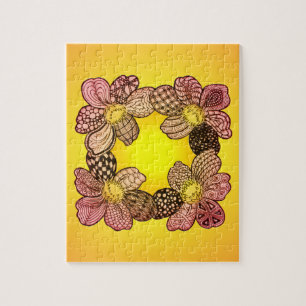 Doodle Flowers in Peach, Oranje, en Goud Legpuzzel